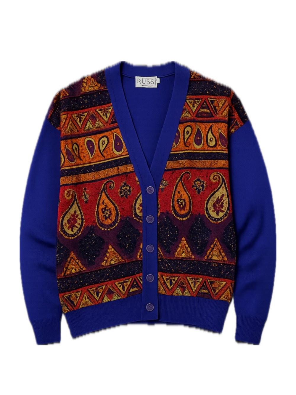 Vintage Russ Colorblock Paisley V-Neck Button Sweater - Royal Blue & Multicolor